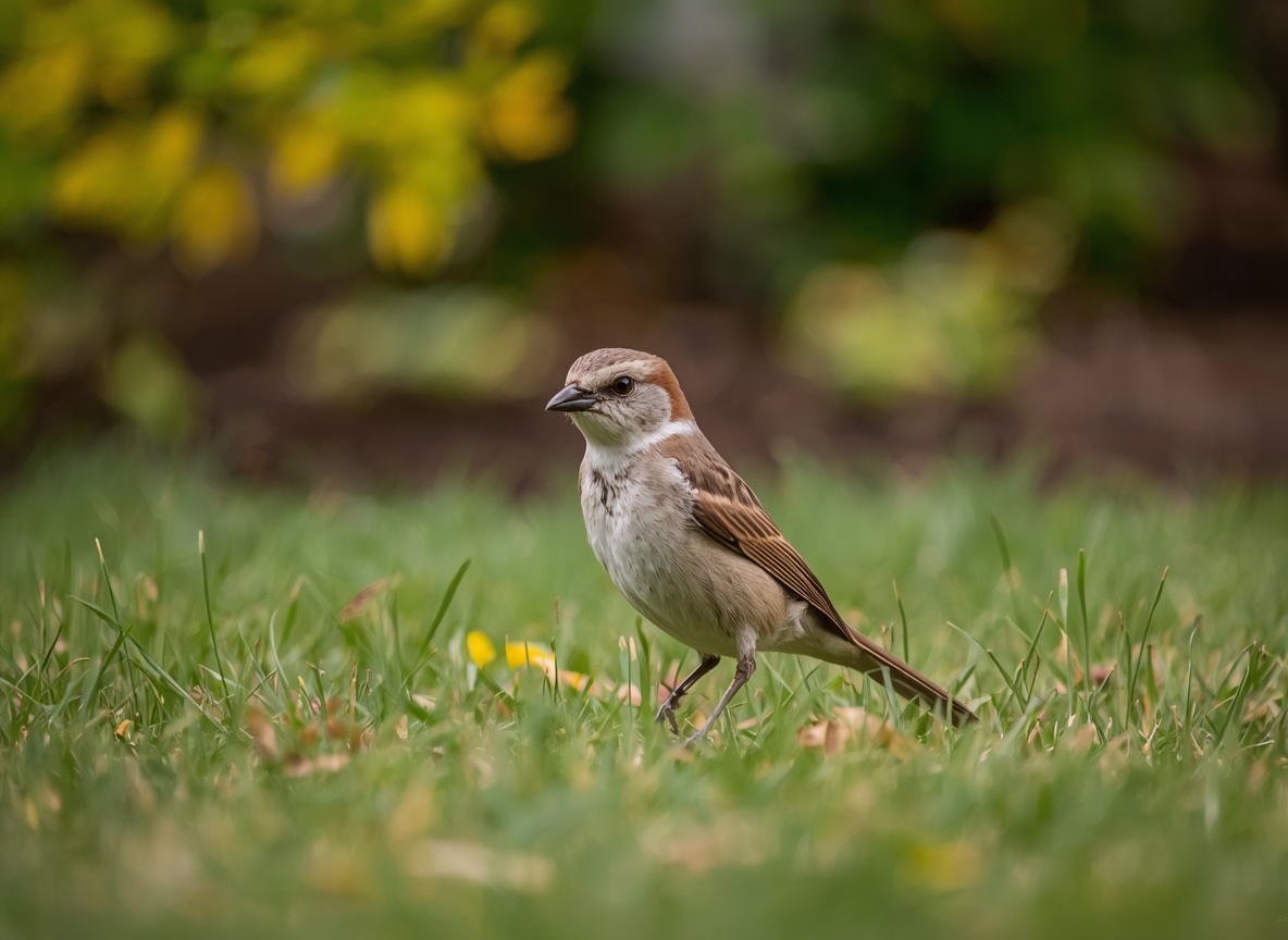 A small brown songbird standing in lawn grass