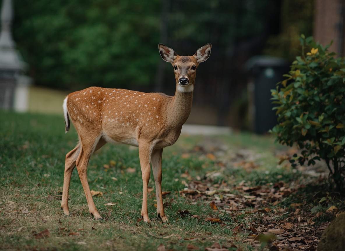 A young spotted deer standing on a lawn beside a garden shrub