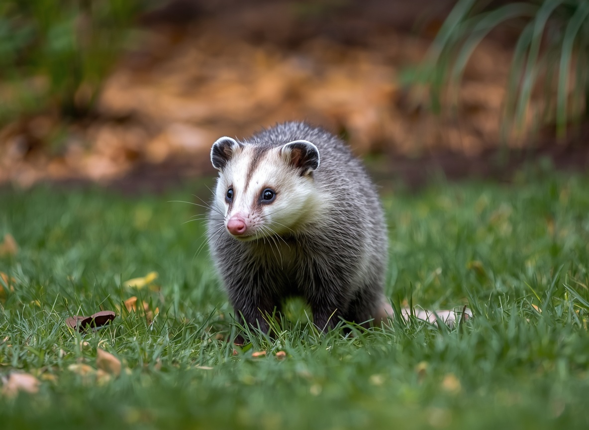 An opossum walking across a mown lawn