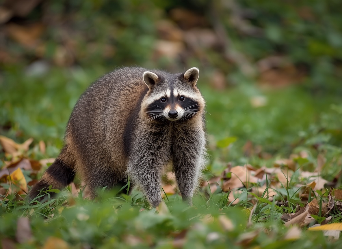 A raccoon standing in grass and fallen leaves