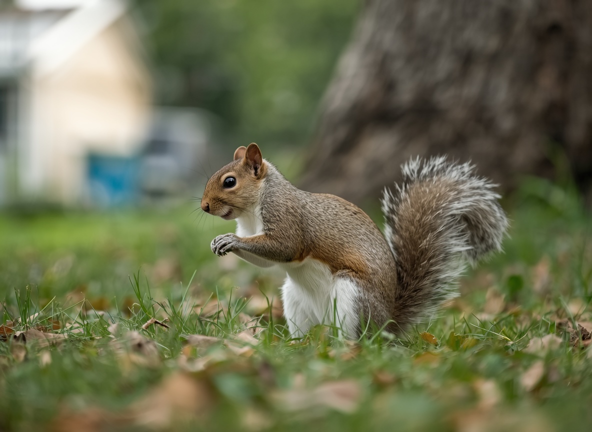 A squirrel sitting upright on a lawn scattered with fallen leaves